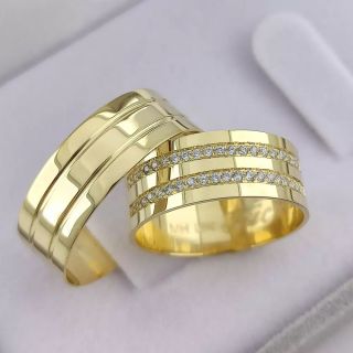 Aliança de Casamento Larga Equador Ouro 18K 7mm retas Semi Anatômica c/ Zircônias